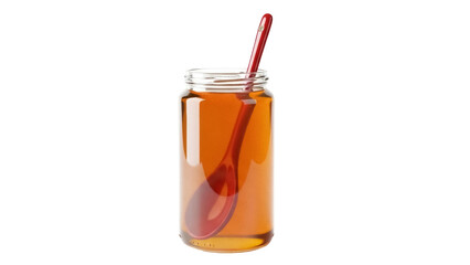 Isolated jar with sweet honey and red spoon inside standing upright on light surface
