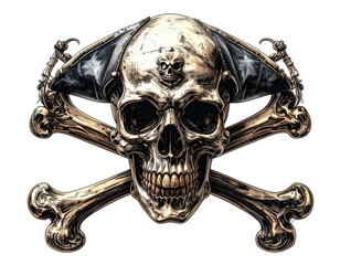 Bone-white skull with crossed bones, small skull, flag, and stylized detail