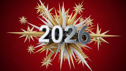 3D rendering of the year 2026 in chrome and silver numerals with golden and white starburst explosions on a red background.