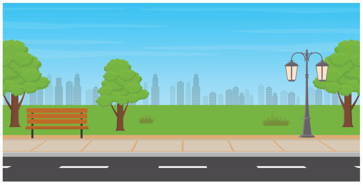 Urban city park landscape with bench, trees and street illustration