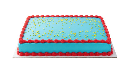 Isolated rectangular cake with blue frosting, red trim, and yellow sprinkles for party