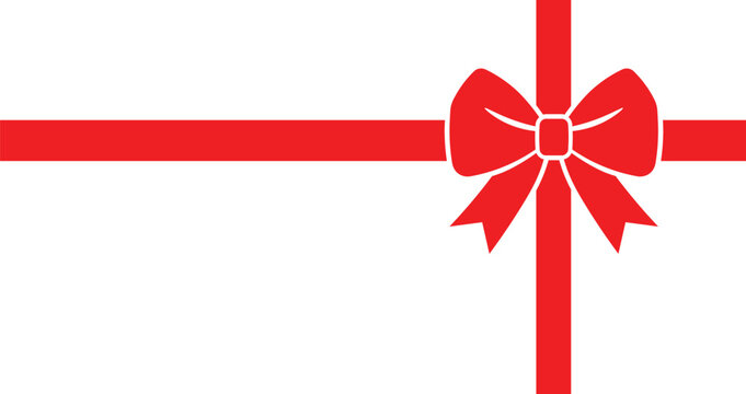 Minimalist illustration of bright red gift bow and ribbon on white background, horizontal and vertical bands crossing with copy space, ideal for holiday, Christmas, celebration, or gift card designs.