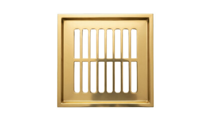 Isolated shiny gold square shower drain grate with parallel bars, plumbing fixture, metal