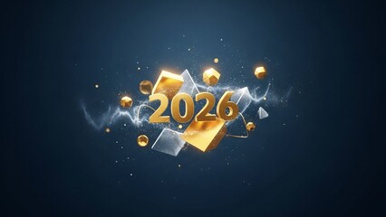 Golden 2026 numbers floating with crystalline and spherical 3D shapes on a dark blue background