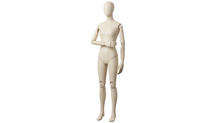 Isolated Female Mannequin with articulated limbs in a neutral stance on seamless canvas