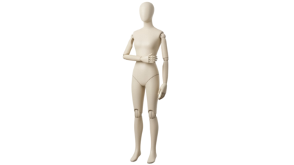 Isolated Female Mannequin with articulated limbs in a neutral stance on seamless canvas