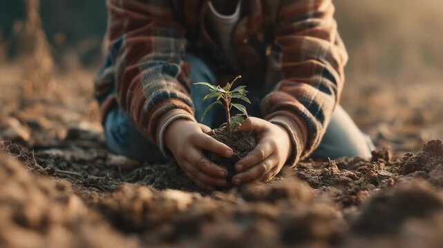 A child plants a tiny seedling in the dirt with both hands.