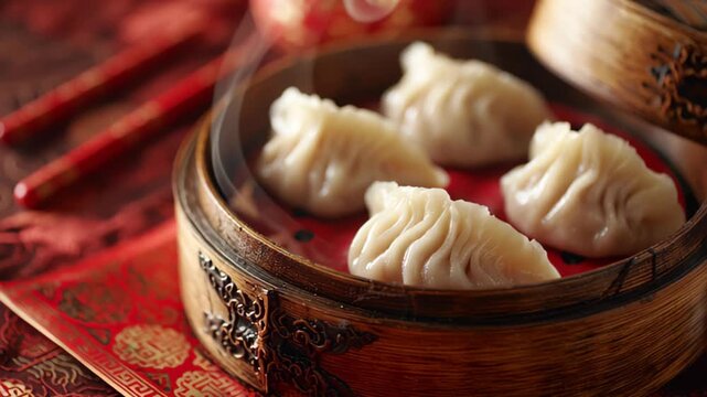 close-up of traditional Chinese dumplings on wooden steamer, festive red cloth in background