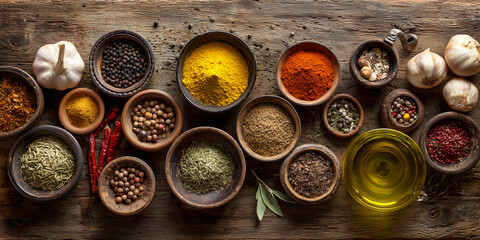 assorted cooking spices herbs and ingredients arranged on rustic kitchen table