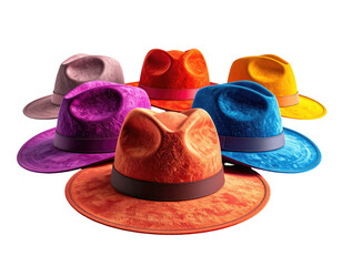Six vibrant fedora hats, arranged in a semi-circle, against black background