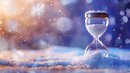 Glass hourglass standing in snow with soft bokeh lights, symbolizing time, winter, patience, and fleeting moments in a calm dreamy atmosphere.
