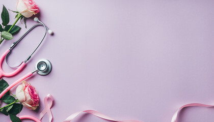 Pink ribbon and stethoscope with roses on a pink background - symbol of breast cancer awareness and medical support