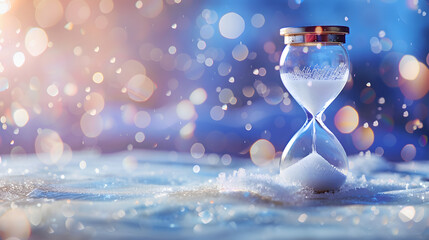 Glass hourglass standing in snow with soft bokeh lights, symbolizing time, winter, patience, and fleeting moments in a calm dreamy atmosphere.