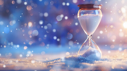Glass hourglass standing in snow with soft bokeh lights, symbolizing time, winter, patience, and fleeting moments in a calm dreamy atmosphere.