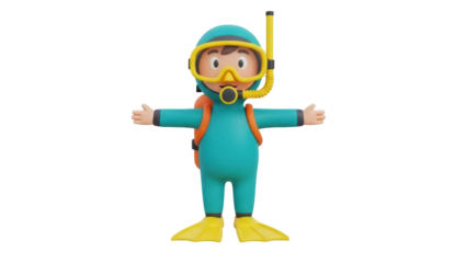 Isolated cartoon scuba diver standing with arms outstretched against neutral background