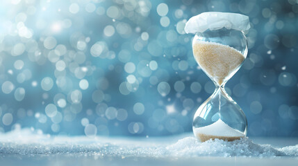 Glass hourglass standing in snow with soft bokeh lights, symbolizing time, winter, patience, and fleeting moments in a calm dreamy atmosphere.
