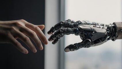 Human Hand Reaching Towards Advanced Robotic Hand in a Symbol of Future Technology and Collaboration.