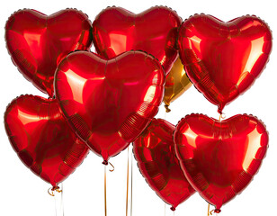 Cluster of glossy, red heart-shaped balloons, one golden, floating
