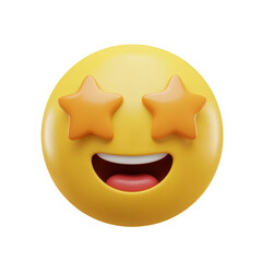 Excited yellow smiley face emoji with star eyes and wide open laughing mouth glowing brightly transparent background
