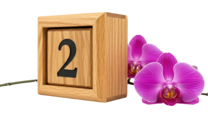 Isolated still life features wooden block number 2 with purple orchids in bloom, close-up