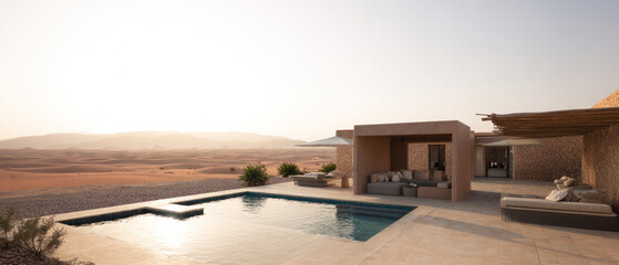 Modern desert villa with swimming pool and patio in evening light