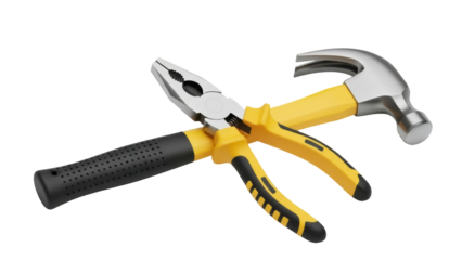 Isolated combination pliers and a claw hammer with a yellow handle resting on each other
