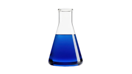 Isolated Erlenmeyer flask filled with a blue liquid chemical solution laboratory experiment