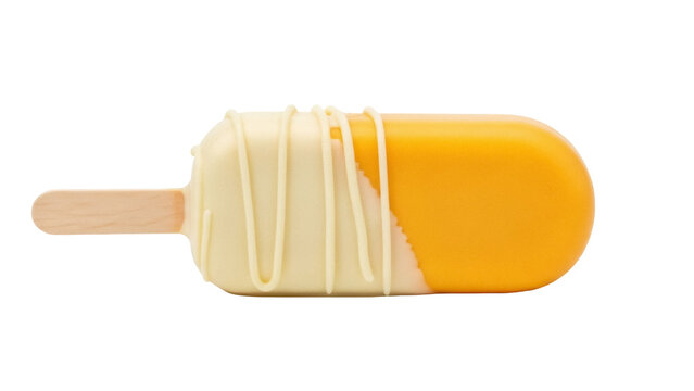 Isolated ice cream bar dessert on a stick with mango flavor and drizzle decoration dessert
