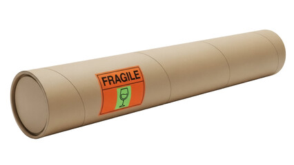 Isolated cardboard tube for delivery with fragile label, cylinder with product, shipping box