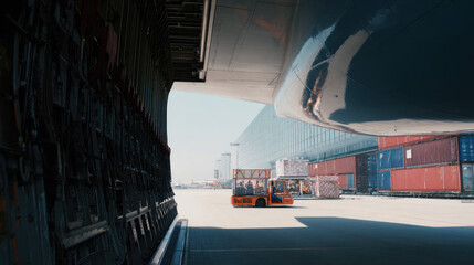 Shipping containers stacked at a port under industrial bridge