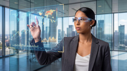 Market analyst reviewing global financial trends on digital interface