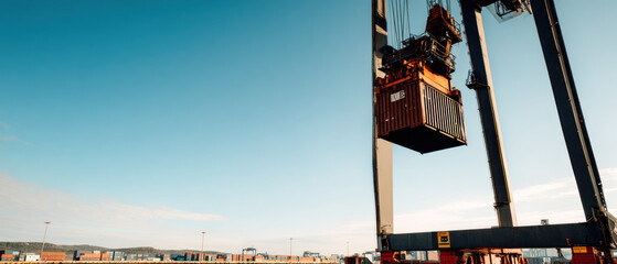 Shipping container lifted by crane at seaport

