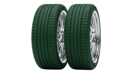 Isolated New Green Rubber Tires with Chrome Rims, Automotive Industry and Racing Design