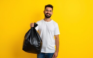 Man in t-shirt volunteer, trash bag isolated on yellow background. Voluntary free assistance help, charity grace. Environmental pollution problem. Stop nature garbage environment protection concept.
