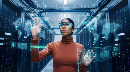 Digital security analyst managing global network systems from data center