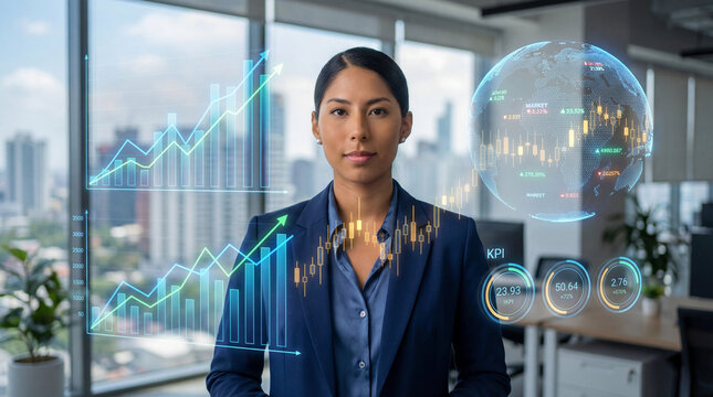 Business professional analyzing market performance through interactive data