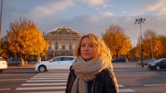 Blonde woman in a chunky scarf on a crosswalk, with autumn trees and a grand neoclassical building in the background.