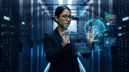 Security analyst woman interacting with global encrypted data in a server room