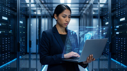 Cybersecurity analyst reviewing encrypted systems inside a data center