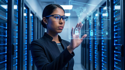 Woman interacting with encrypted cybersecurity interfaces inside a secure data center