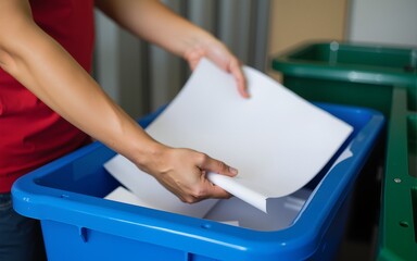 Hands carefully sorting paper into a blue collection bin at a recycling center during the day. High quality