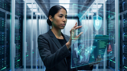 Female cybersecurity analyst interacting with secure data systems in server room
