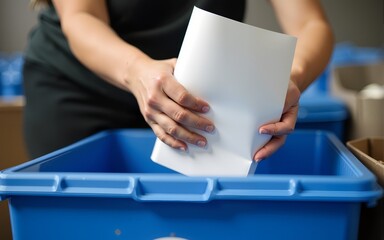 Hands carefully sorting paper into a blue collection bin at a recycling center during the day. High quality