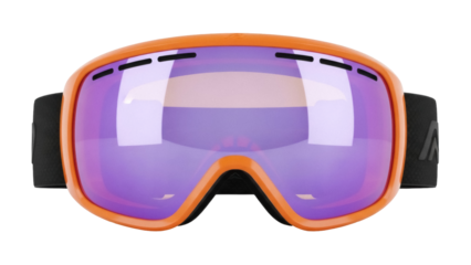 Isolated ski goggles with orange frame and purple lens offering clear vision in winter sport