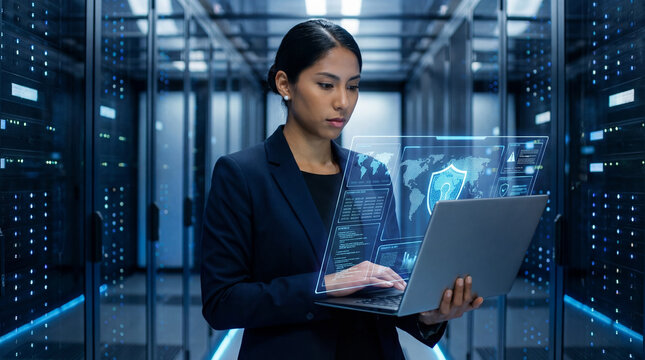 Cybersecurity analyst reviewing encrypted systems inside a data center - Powered by Adobe