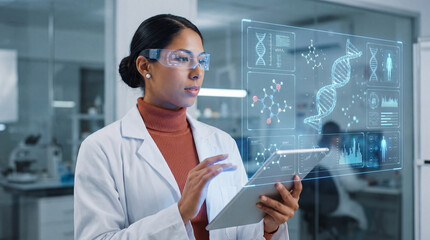 Biomedical Scientist Analyzing DNA Data Through Digital Interface