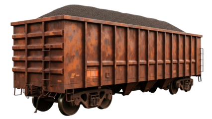 Isolated rusty hopper car loaded with freight, a railroad train wagon for bulk cargo transport
