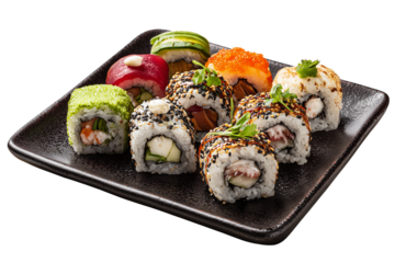 assorted sushi rolls arranged on dark ceramic plate with vibrant ingredients and clean detailed presentation