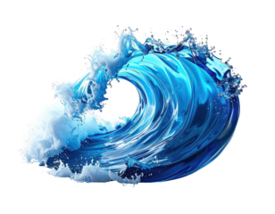 Digitally rendered wave cresting, vibrant blue, isolated on black background