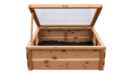 Isolated raised garden bed with opened transparent lid for plants, vegetable growing